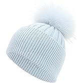EASTER BARTHE Women's Real Fur Pom Pom Cashmere Blend Winter Ribbed Knit Cuffed Beanie Skull Cap Hat with Fur Pom Beanie Hat