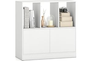 Giantex 3-Cube Bookcase with Doors, 3-Tier Cubic Bookshelf w/Open Compartments & Cabinet, Modern Display Shelf, Wooden Floor 