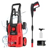 Electric Pressure Washer, 1850 PSI Max,1.0 GPM, 5" Wheels, 18M Cord/Hose Length Max, Power Washer for Patio, Car, Driveway, Fence & Home Cleaning