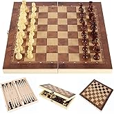 Folding Storage Wooden Chess Board Sets - 3 in 1 Chess Board Game for Adults and Kids (Backgammon, Checkers), Exquisite Woode