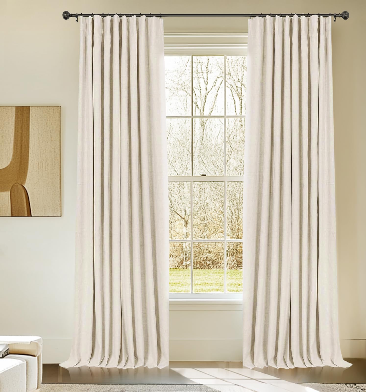 Photo 1 of INOVADAY 100% Blackout Curtains for Bedroom, Black Out Curtains 63 Inch Long, Clip Rings Linen Blackout Drapes, Thermal Insulated Room Darkening for Living Room, 2 Panels - Cream,W50xL63
