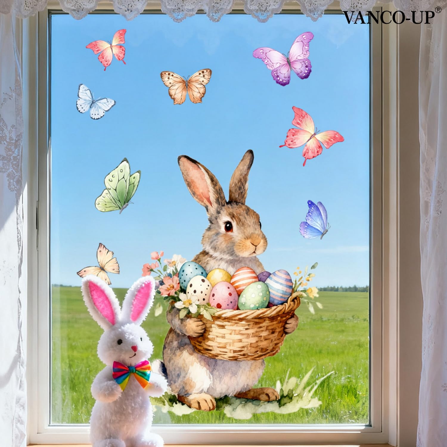 Photo 1 of 1 Sheet Easter Decorations Window Clings Cute Bunny with Colored Eggs & Butterfly Designs Spring Easter Window Clings Bunny Double-Sided Windows Clings for Home Office School Party Gifts Supplies
