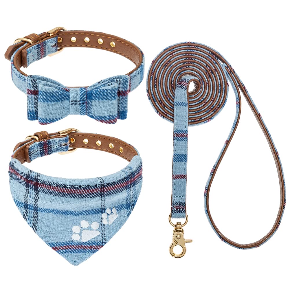 EXPAWLORER Dog Collar and Lead Set - Classic Plaid Bow Tie and Bandana Dog Collar with Embroidery Pawprint, No Tangle Lead, Adjustable Pet Collars for Puppy Small Medium Dogs Boy Girl, Blue L — image 1