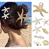 Molirex 8 PCS Starfish Hair Clip Gold, Hawaiian Pearls Seashell Claw Clips Star Ponytail Holder Beach Party Hair Accessories for Women