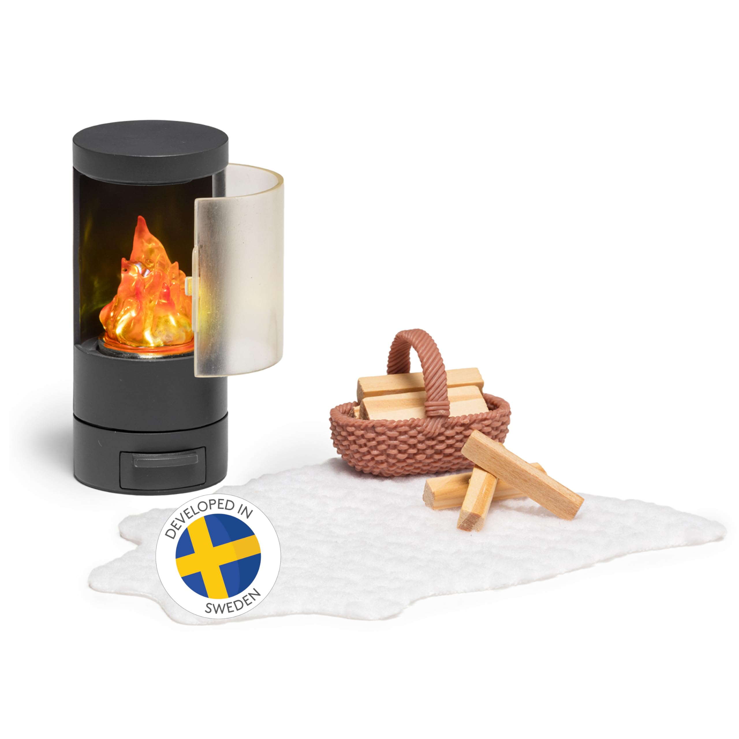 LUNDBY Dolls House Furniture Fireplace – Doll House Accessories – Fireplace Wood Stove LED Fire Flame Light – 4-pieces – Age 4+ – for 11cm Mini Dolls scale 1:18