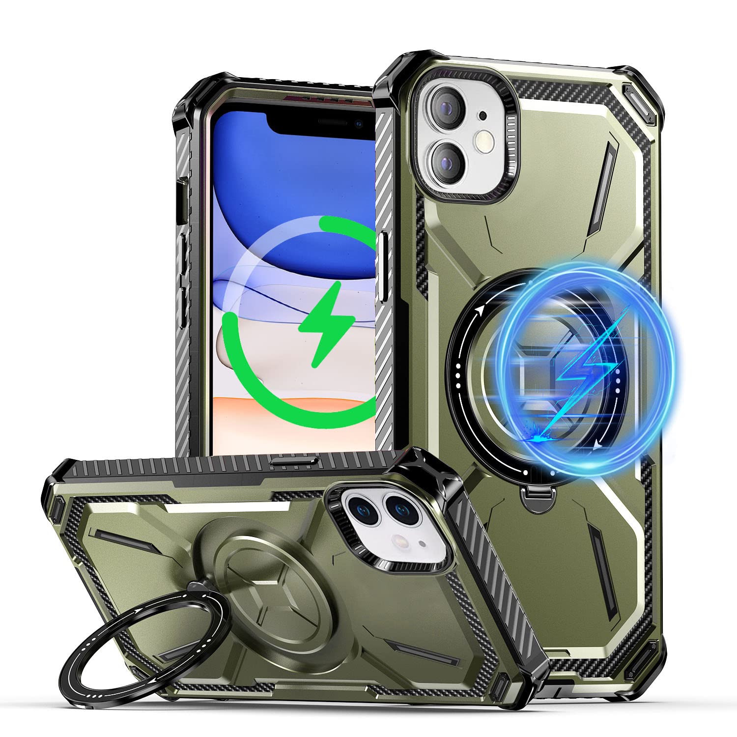 QLTYPRI Magnetic Case for iPhone 11 Case Compatible with MagSafe with Built-in Kickstand, Military Grade Heavy-Duty Protection Shockproof Protective Phone Case Cover for iPhone 11 – Green