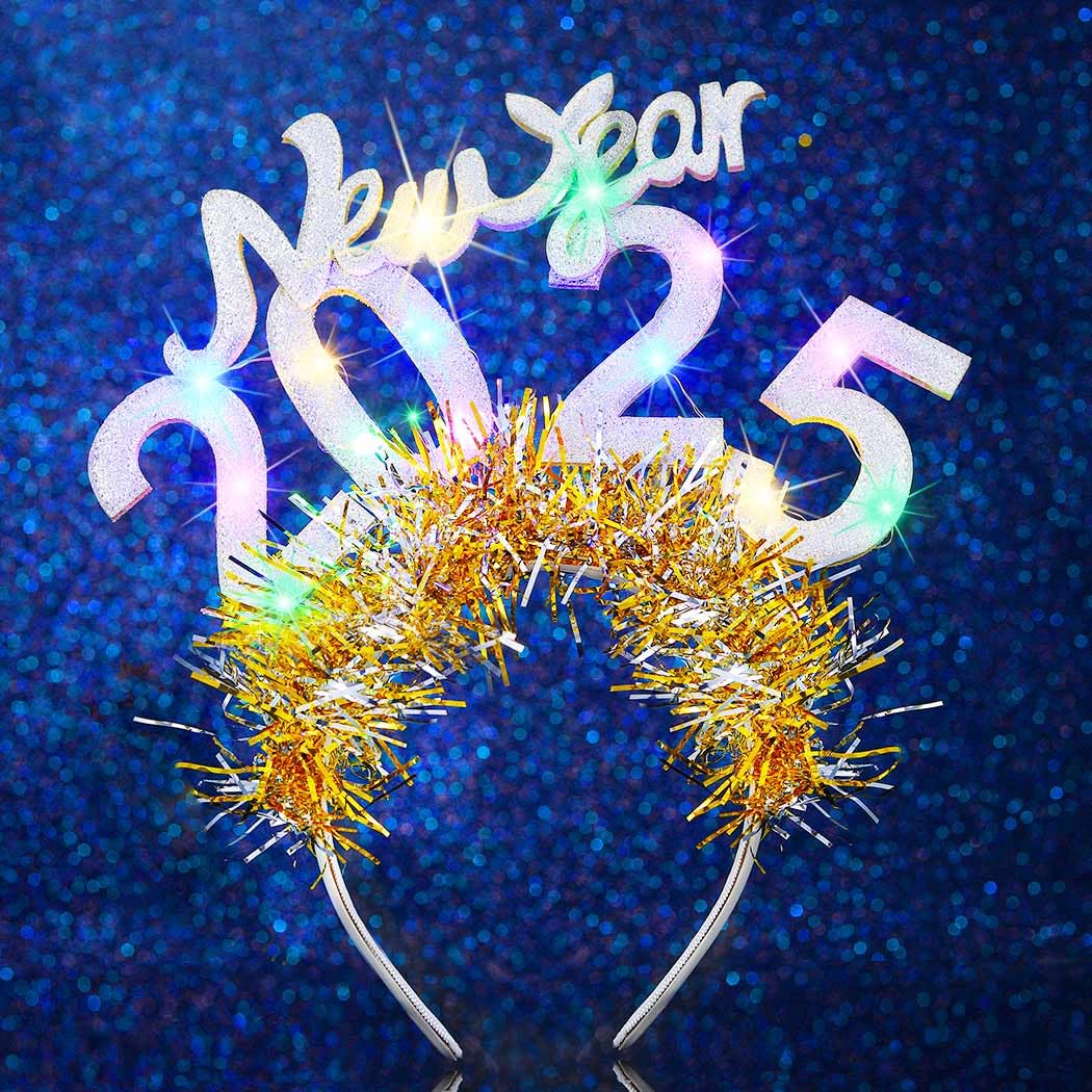 Handcess Light up New Year Headband Glitter LED Hair Band Glowing Costume Hair Hoop 2025 New Year's Eve Party Hair Accessories for Women(Silver, One Size)