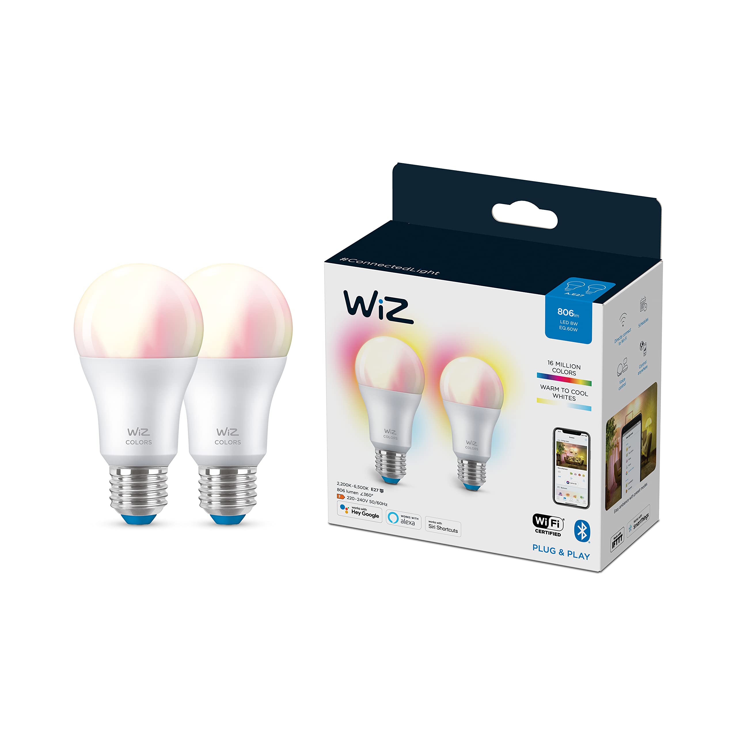 WiZ Colour [E27 Edison Screw] Smart Connected WiFi Light Bulb 2 Pack. 60W Colour and White Light, App Control for Home Indoor Lighting, Livingroom, Bedroom.