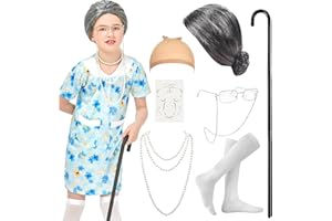 SunnyLisa Old Lady Costume for Kids - 100th Day of School Costume for Girls,Grandma Nightgown Granny Wig Old Woman Costume