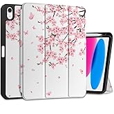 MEEgoodo Case for iPad A16 11th Generation 11 inch 2025/iPad 10th Generation 10.9 inch 2022, Tablet Cover with Trifold Stand + Pencil Holder + Auto Wake/Sleep + Soft TPU Back Cover, Cherry Blossoms