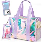 Bagstellar Iridescent Beach Tote Bags for Women, Large Zipper Beach Pool Swim Bag with Makeup Bag & Waterproof Phone Pouch | Waterproof Sandproof, Adjustable Strap, Packable, Foldable, Travel Tote Bags, Vacation Essentials, Gift for Women