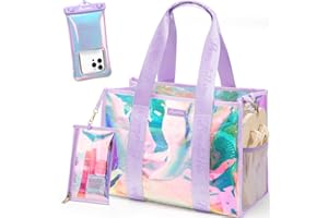 BAGSTELLAR Beach Bag for Women Clear Iridescent Zipper Pool Swim Beach Tote Bag w/Makeup Bag & Waterproof Phone Pouch Summer Essentials