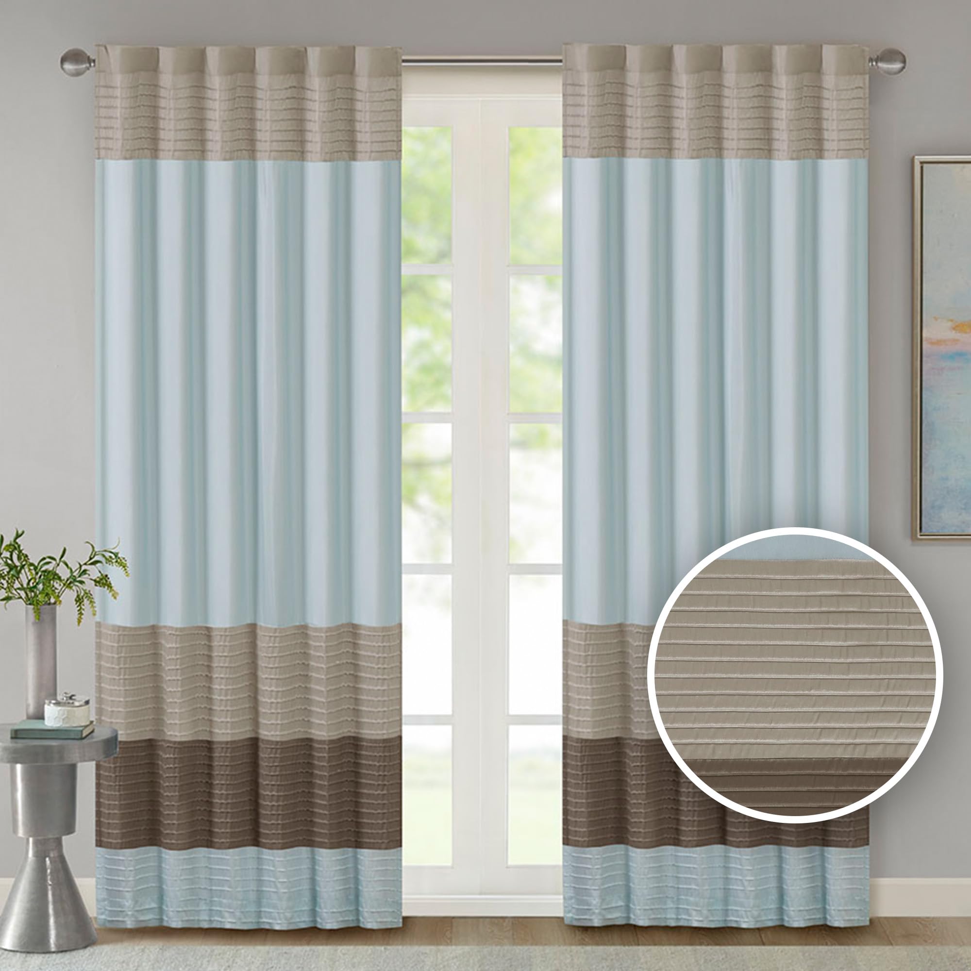 Madison Park Window Curtain Single Panel Faux Silk, Elegant Pleats, Rod Pocket Curtains for Living Room Privacy, Room Darkening Window Curtain for Bedroom and Dorm, Amherst, 84" L x 50" W, Blue