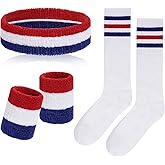 Sucrain 5 Pieces Striped Sweatbands and Socks Set, Sports Sweatbands Wrist Sweat Bands Red, White& Blue High Tube Socks 80s Accessories Costumes for Men Women