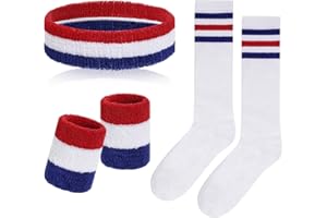 Sucrain 5 Pieces Striped Sweatbands and Socks Set, Sports Sweatbands Wrist Sweat Bands Red, White& Blue High Tube Socks 80s Accessories Costumes for Men Women