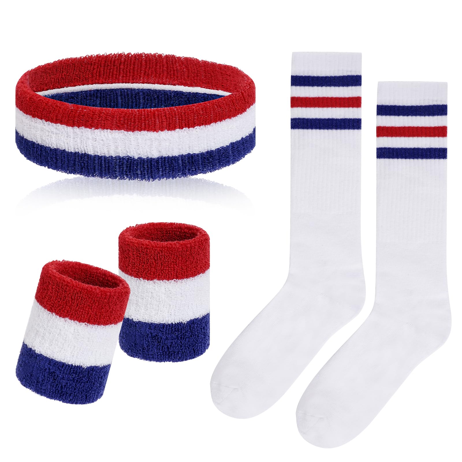 Photo 1 of Sucrain 5 Pieces Striped Sweatbands and Socks Set, Sports Sweatbands Wrist Sweat Bands Red, White& Blue High Tube Socks 80s Accessories Costumes for Men Women