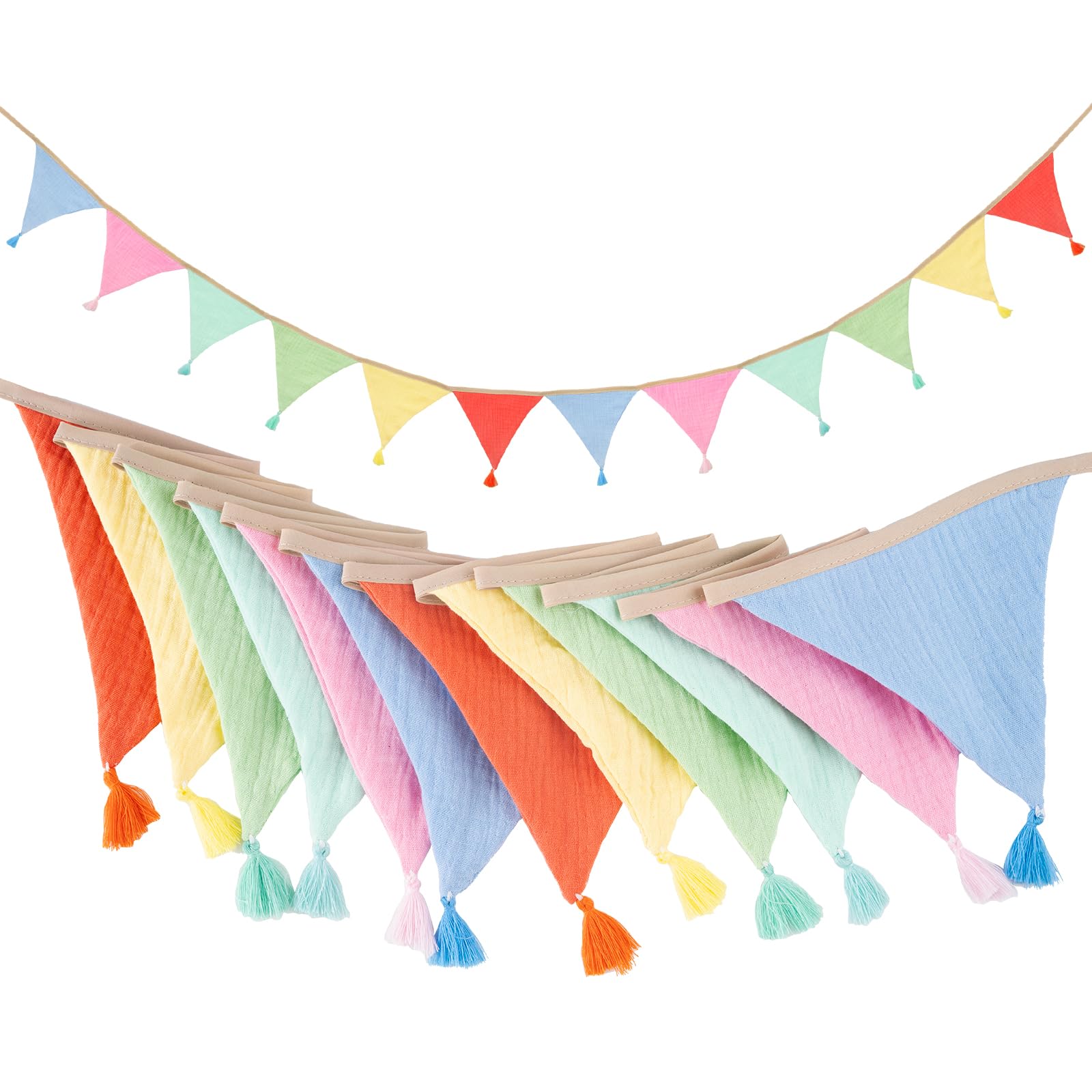G2PLUS Fabric Bunting Banner with Tassel, 12PCS Double Sided Cotton Bunitng, 2.8m Fabric Triangle Garland, Pastel Colorful Baby Bunting for Nursery/Baby Shower/Brithday/Party/Bedroom Decoration — image 1