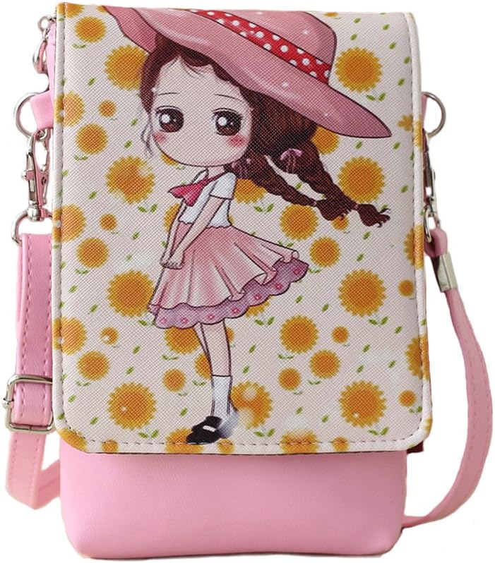 Girls Princess Travel Shoulder Bag Handbag PU Leather Cartoon Wallet Coin Purse Neck Pouch Zipper Flap Crossbody Bag for Cellphone Keys Card Holder