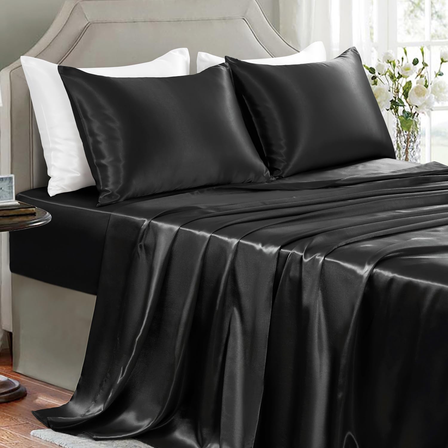 Photo 1 of GOLAL Satin Sheets California King Size - 4 Pieces Luxury Silky Soft Bed Sheets, Wrinkle-Free Black Satin Silk Sheet Set with 1 Deep Pocket Fitted Sheet, 1 Flat Sheet, 2 Pillow Cases