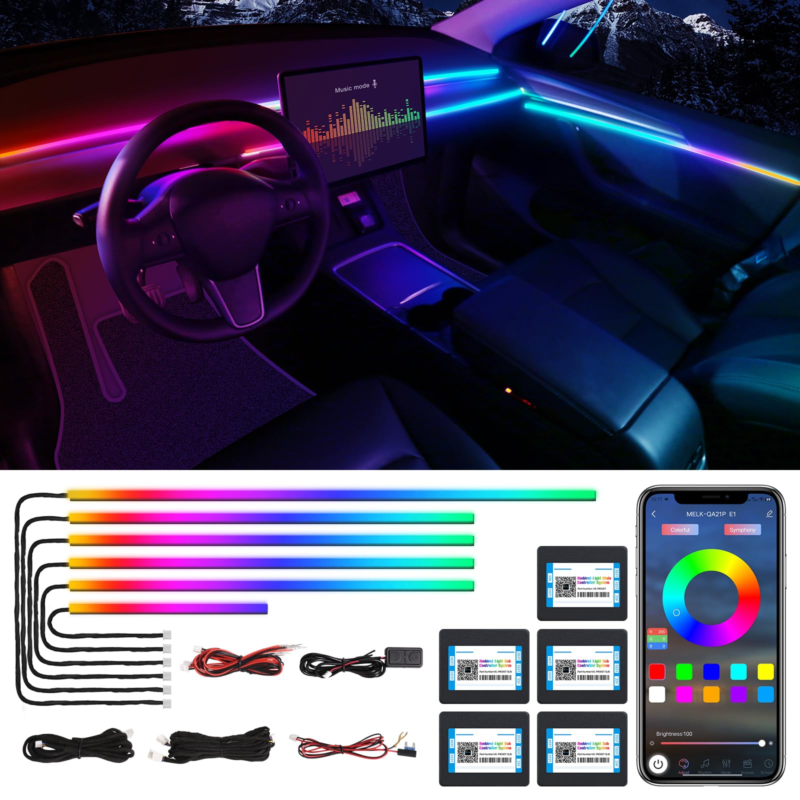 Photo 1 of Dreamcolor Acrylic Interior Car LED Strip Light with Wireless APP, RGB 6 in 1 with 175 inches 600 LEDs Fiber Optic Car Ambient Lighting Kits, Sound Active Function LED Strip for Car Accessories