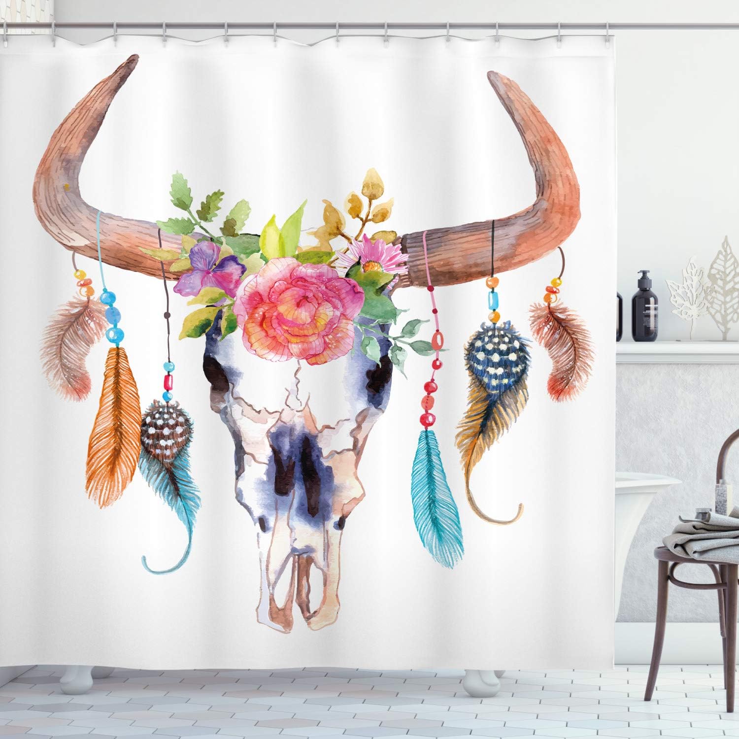 Amazon Com Ambesonne Feather Shower Curtain Watercolor Style Bull Skull With Ornaments Vibrant Image Cloth Fabric Bathroom Decor Set With Hooks 70 Long White Brown Home Kitchen