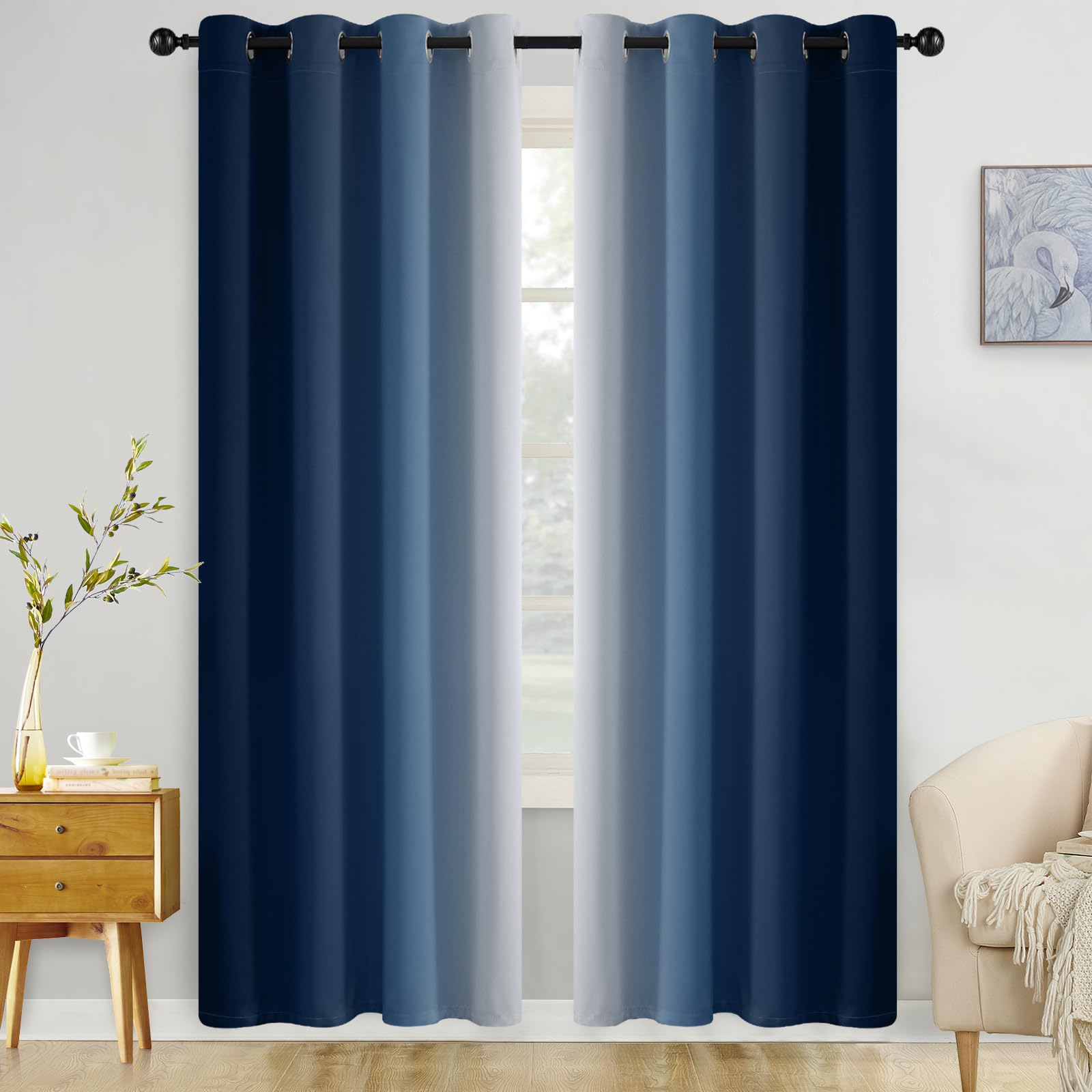 COSVIYA Grommet Ombre Room Darkening Curtains 84 inch Length 2 Panels, Blue and Grayish White Gradient Drapes Light Blocking Insulated Thermal Window Curtains for Bedroom/Living Room,52x84 inches