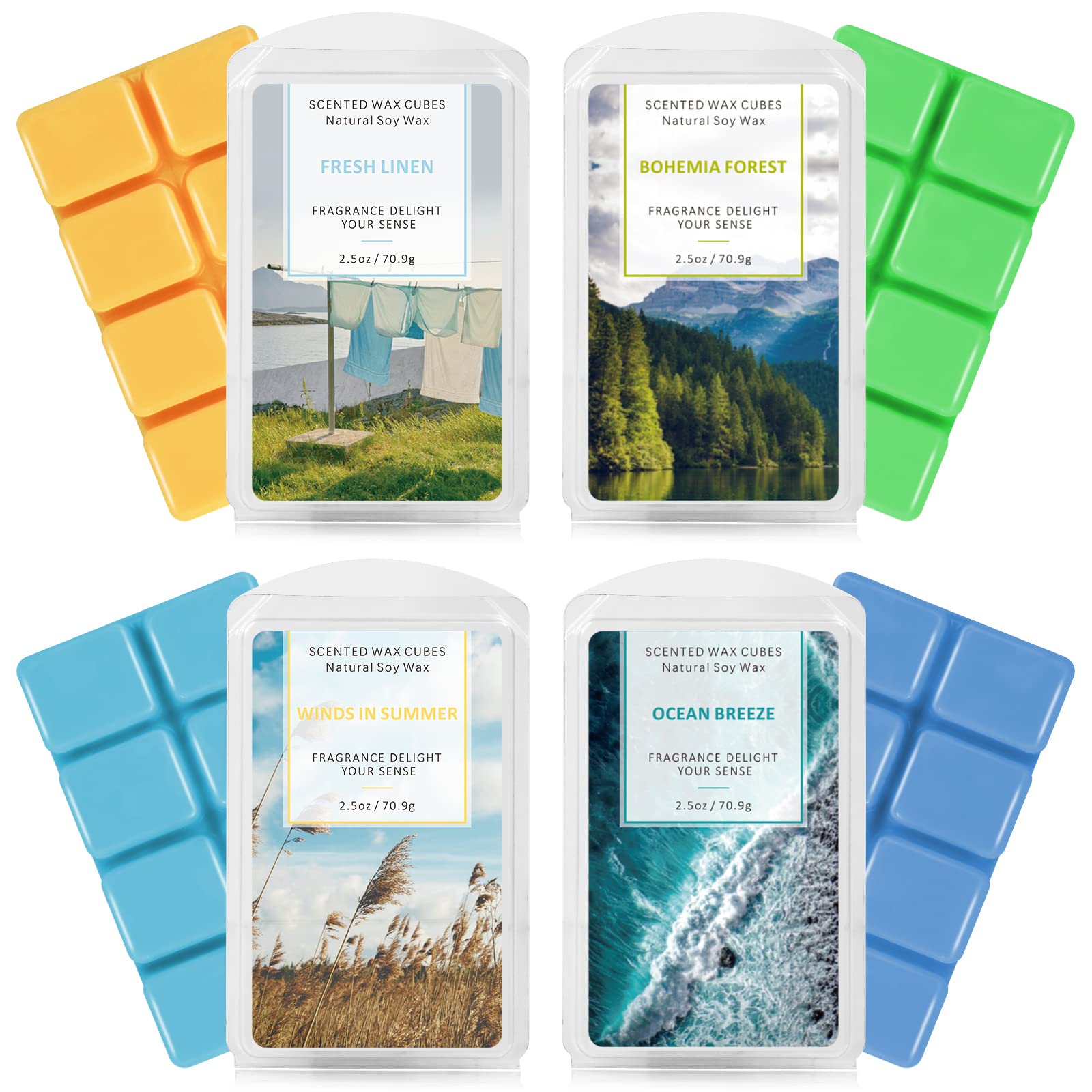 SCENTORINI Wax Melts Wax Cubes, Soy Wax Cubes for Wax Warmer, Ocean Breeze, Fresh Linen, Bohemia Forest, Winds in Summer, 4 x 2.5 oz
