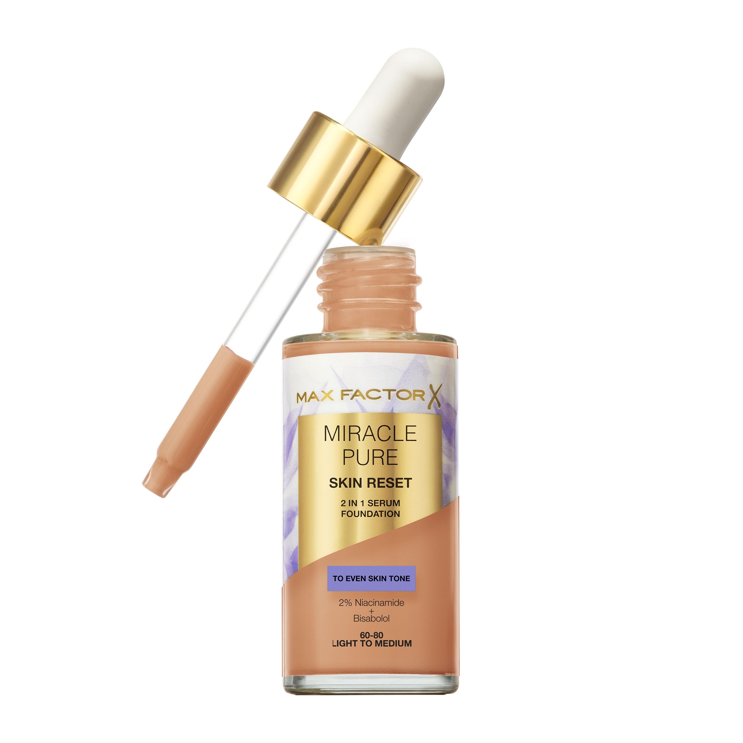 Max Factor Miracle Pure Skin Reset Serum Foundation 60-80 Light to Medium, 2-in-1 Serum Formula, Healthy Looking Skin, Medium Coverage, Satin Matte Finish, 2% Niacinamide, Dermatologically Tested