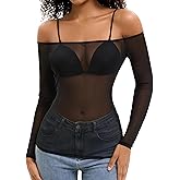 Allchic Womens Sheer Mesh Off Shoulder Tops See Thru Long Sleeve Sexy Shirts