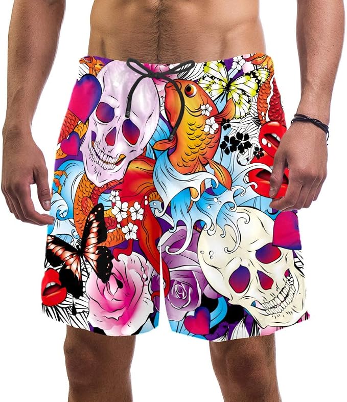 Short De Bain Homme Motif Tête De Mort & Roses - Style Gothique Noir & Blanc - Taille Élastique Cordon - 9