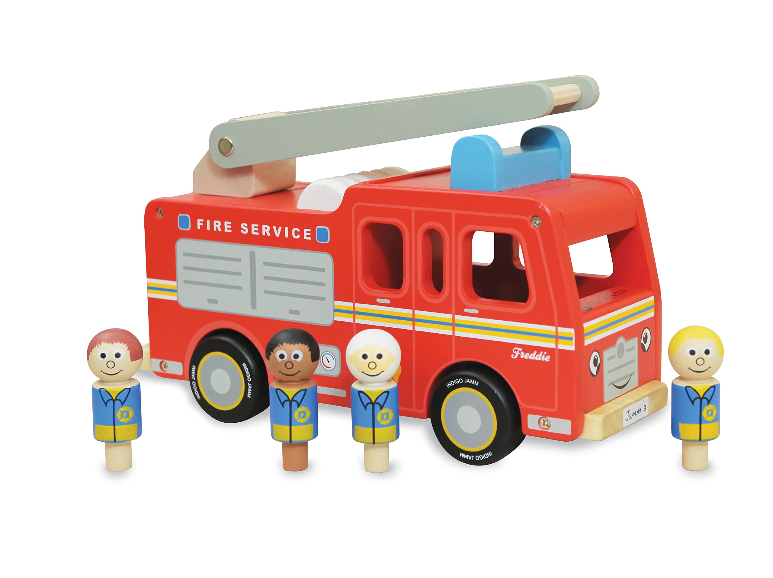 Indigo Jamm Freddie Fire Engine, Classic Wooden Toy Emergency Services Vehicle with Removable Roof and Firefighters for children 18 months+