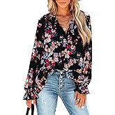 MLEBR Womens Tops Winter Loose V Neck Long Sleeve Blouses Tops Blooming Floral Printed Flowy Tunics Shirts for Women Black S