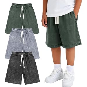 Flygo Boys Shorts Cotton Acid Washed Jogger Shorts with Pockets | Soft, Breathable Cotton, Elastic Waist, Drawstring, Loose,