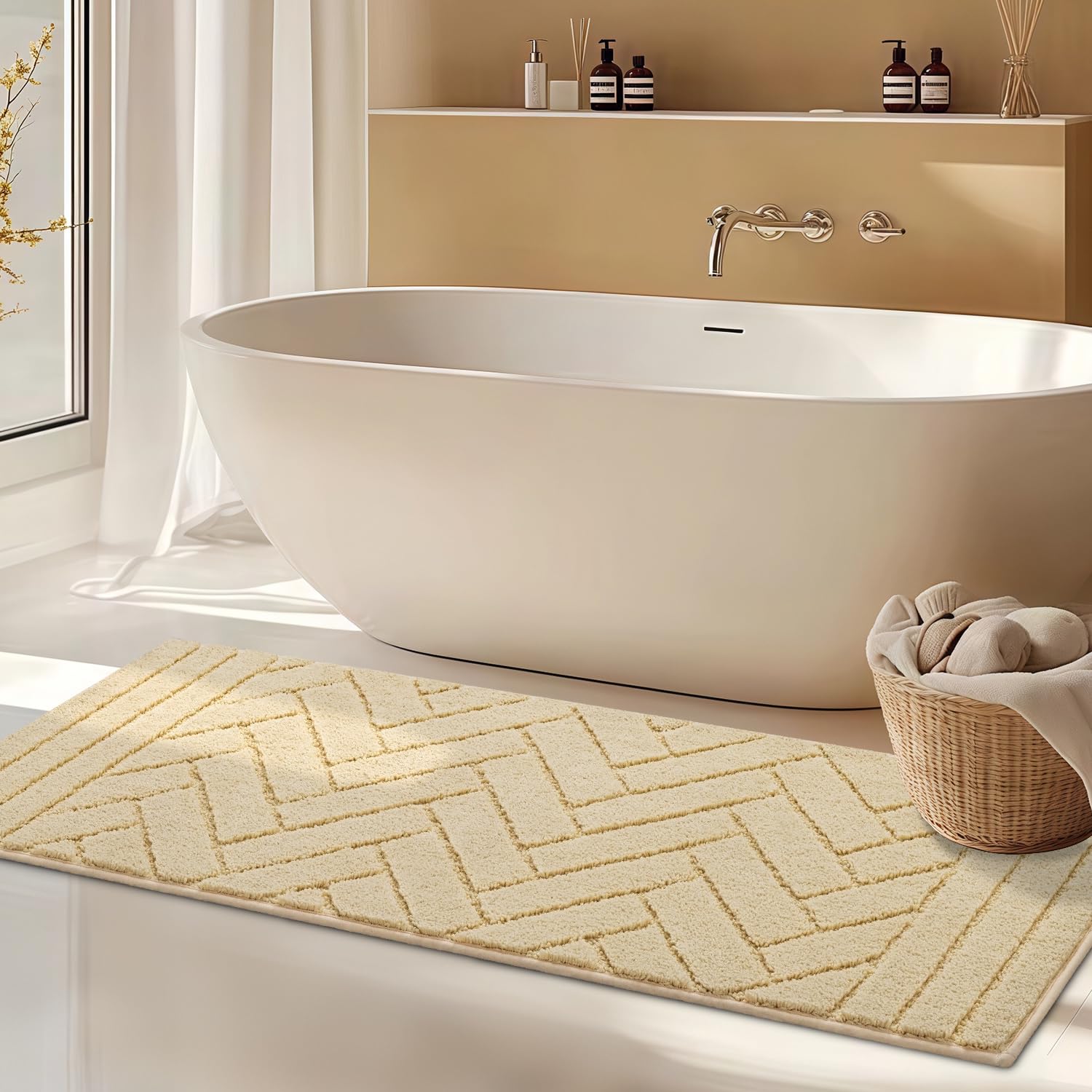 hicorfe Indoor Doormat,Front Back Door Mat Rubber Backing Non Slip Door Mats 20"x48" Absorbent Resist Dirt Entrance Doormat Inside Floor Mats for Entryway Washable Low-Profile(Cream Yellow) Image