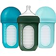 Boon Nursh Reusable Silicone Pouch Baby Bottles - Medium Flow Nipple - Silicone Baby Bottle Pouch and Nipple - Baby Feeding Essentials - Blue - 3-6 Months - 3 Count - 8 Ounce