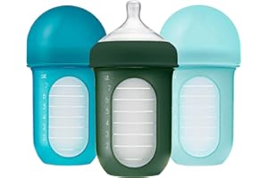 Boon Nursh Reusable Silicone Pouch Baby Bottles - Medium Flow Nipple - Silicone Baby Bottle Pouch and Nipple - Baby Feeding Essentials - Blue - 3-6 Months - 3 Count - 8 Ounce