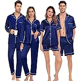 SWOMOG Matching Pajamas Sets for Couples 4 Pcs Silk Satin Pjs Sets Women & Men Button-Down Sleepwear Soft Loungewear