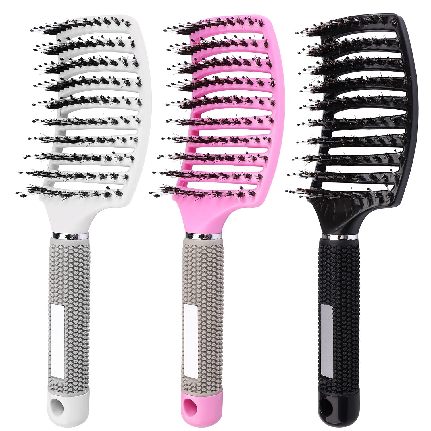 Boar Bristle Hair Brush Set - 3 Pcs Curly Hair Detangling Brush, Vented Extension Brushes, Slick Back Comb for Women Men Natural Curly Straight Hair (Black Pink White)