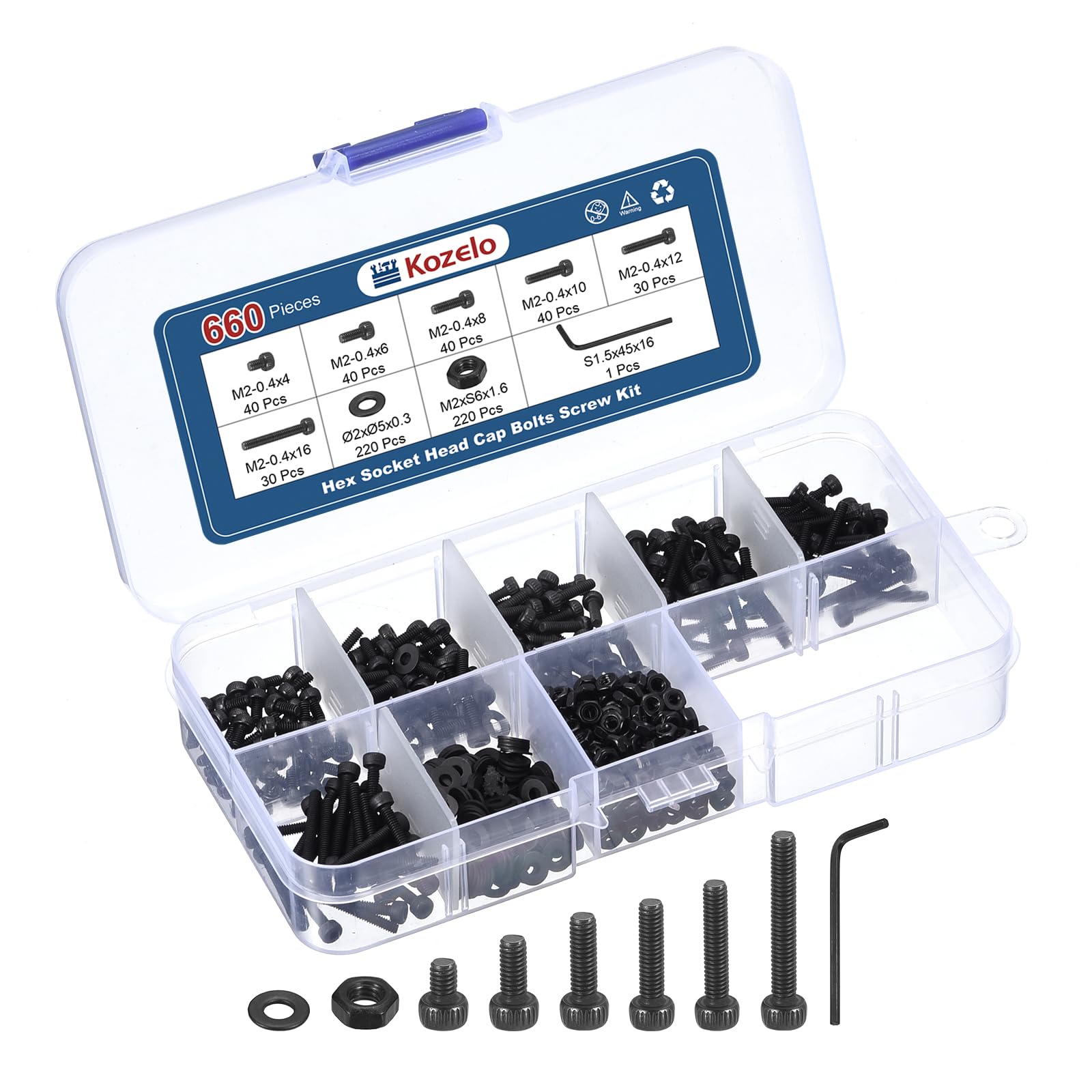 Kozelo 660pcs Socket Head Cap Screws Bolts Nuts Assortment Kit - [M2x4/6/8/10/12/16mm] Alloy Steel Black Oxide 12.9 Internal Hex Screw for 3D Printer Use, with Wrench — image 1