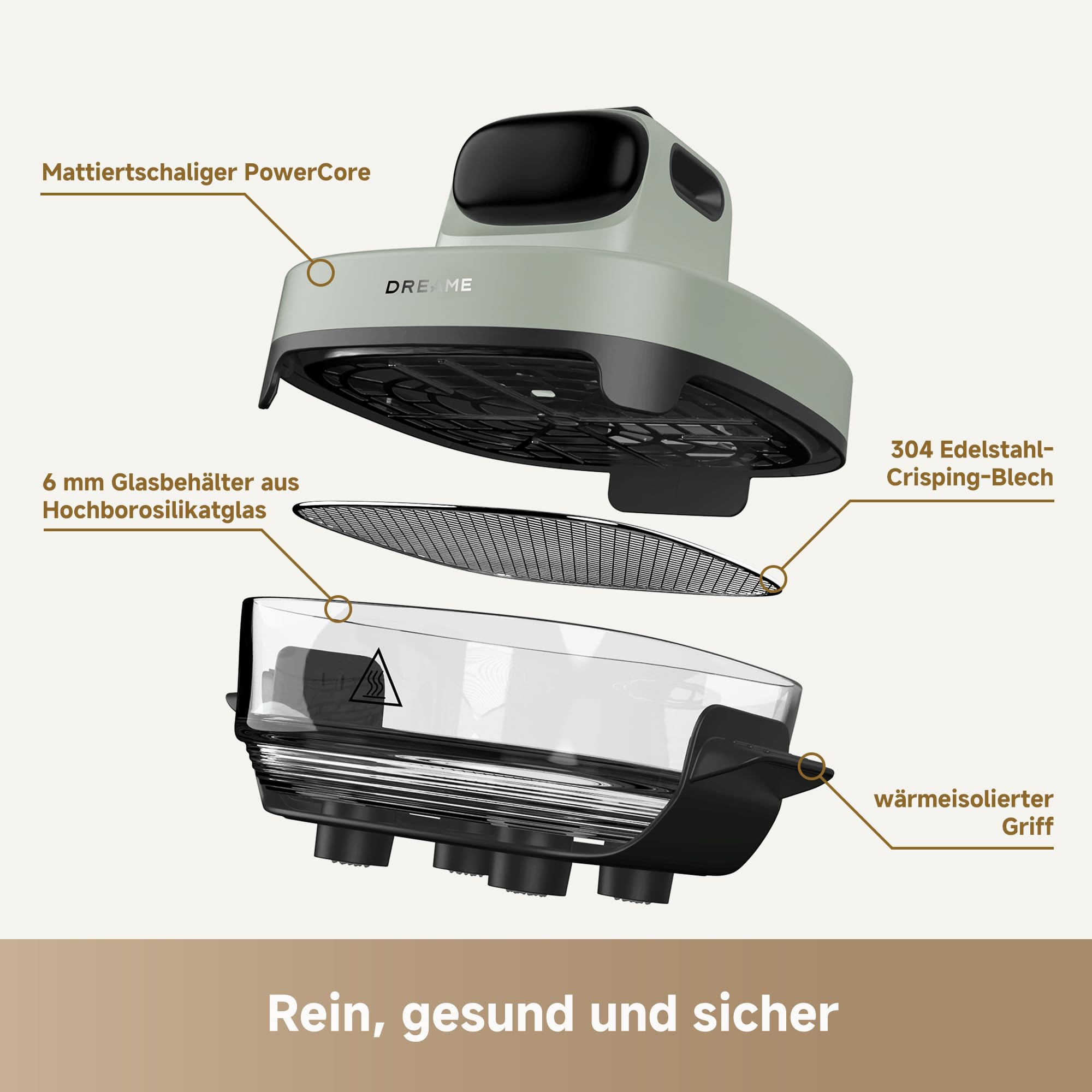 dreame Tasti AirFryer 5-in-1 tragbare Glas-Heißluftfritteuse, Zwei-Behälter-Setup (2,5 L + 4,5 L), 6 mm Borosilikatglas, 3D-Heißluft-Umwälzung, spülmaschinengeeignet, 360°-Panorama-Ansicht, abnehmbar 5