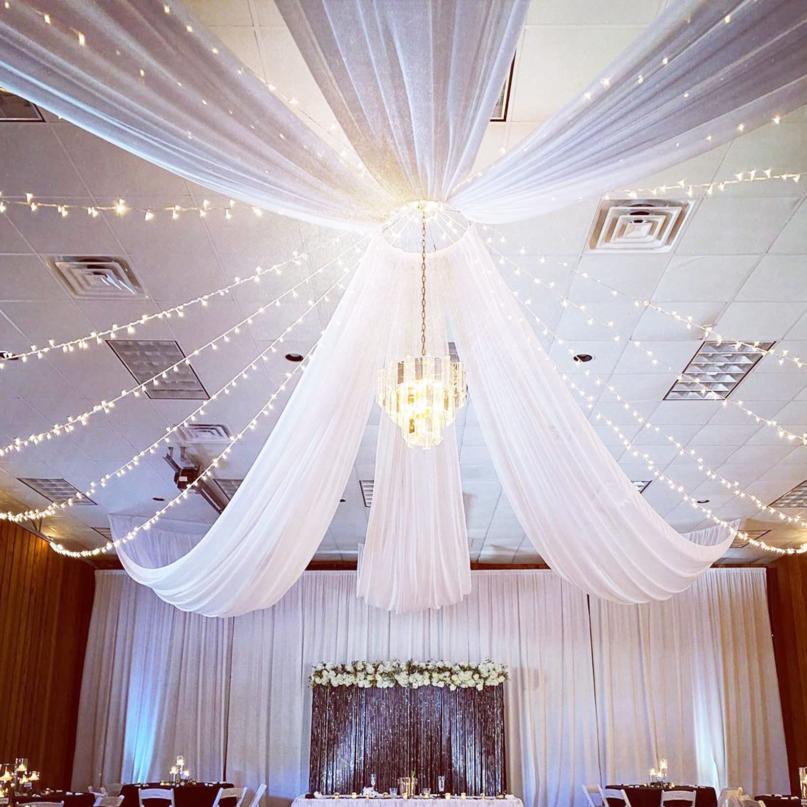 Photo 1 of FUHSY White Ceiling Drapes for Wedding Arch Draping Fabric 4 Panels 5x20FT Chiffon Wedding Arch Drapes Sheer Bed Canopy Curtains Wedding Backdrops for Reception Ceremony Swag Arbor Archway Tent Drapes