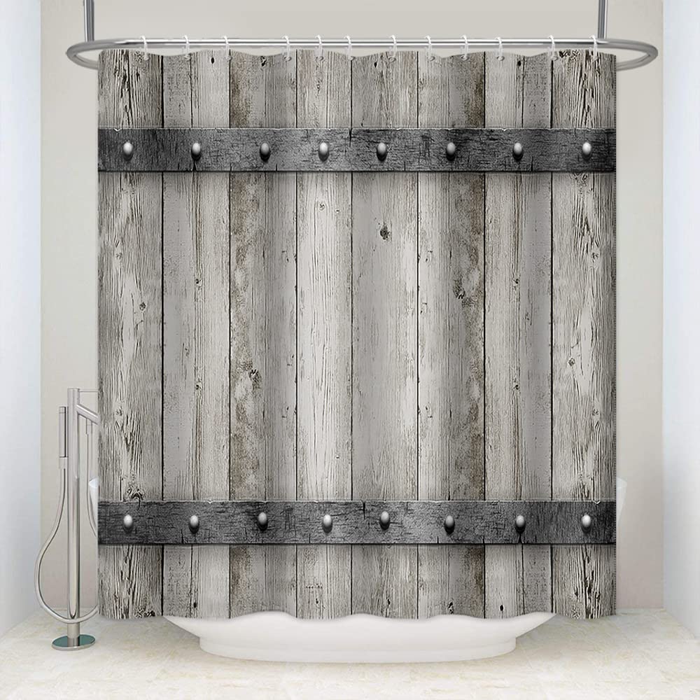 SDOTPMT 55x72inch Barn Door Theme Shower Curtain Vintage Grey Wooden Plank Bath Curtain Rustic Farmhouse Countryside Bathtub Curtain for Bathroom Decor Fabric Polyester Waterproof with Hooks