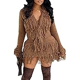 NRTHYE Women 2 Piece Sweater Skirt Set Casual Tassel Long Sleeve Sweaters Fringe Mini Skirt Matching Sexy Club Outfits