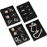 Frebeauty Small Jewelry Tray Set,Stackable Velvet Jewelry Organizer Tray,Mini Jewelry Drawer Organizer,Drawer Inserts,4.92 x 3.74 x 0.9 Inches,Earring Organizer for Women(Set 4,Black)