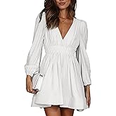 FAIABLE Mini Deep V Sexy Long Sleeve Dress for Women A-line High Waisted Casual Flowy Dress for Cocktail Wedding Guest