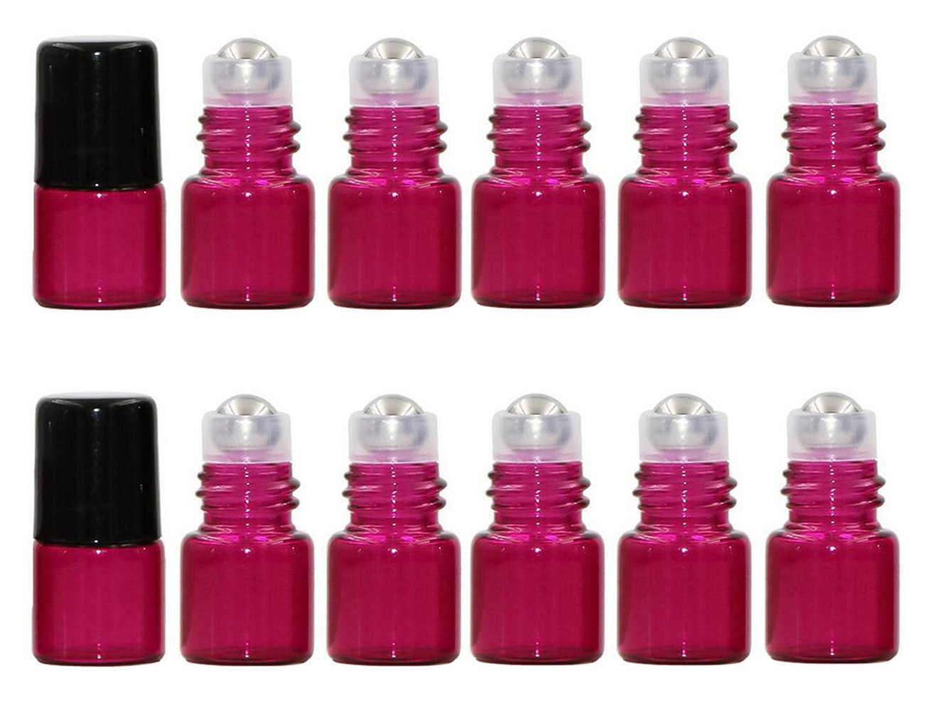 12PCS Empty Glass Essential Oil Sample Packing Roller Roll-on Bottles with Metal Roller Balls and Black Cap Makeup Aromatherapy Perfumes Lip Balms Vial Storage Container Jar Pots (1ml, Rose Red)