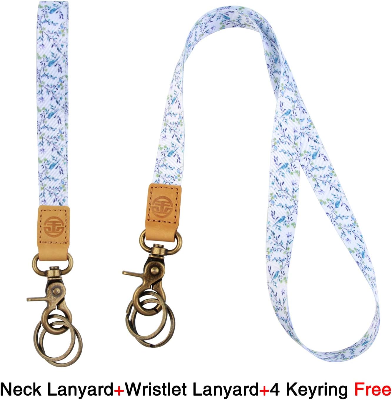 Neck and Wristlet Lanyard Keychain Holder with 4 Free Keyring Genuine Leather,for id Badges Card Holder Keychain Cell Phone Lightweight Items etc (Blue Robins)