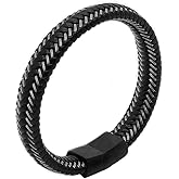 BIYONGDE Leather Interwoven with Stainless Steel Cable Braided Bangle Bracelet Mens Womens Minimalist