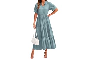 dowerme Women's Summer Dresses 2025 Casual Short Sleeve Button Loose Fit Pleated Boho Flowy Swing Long Beach Sun Dress