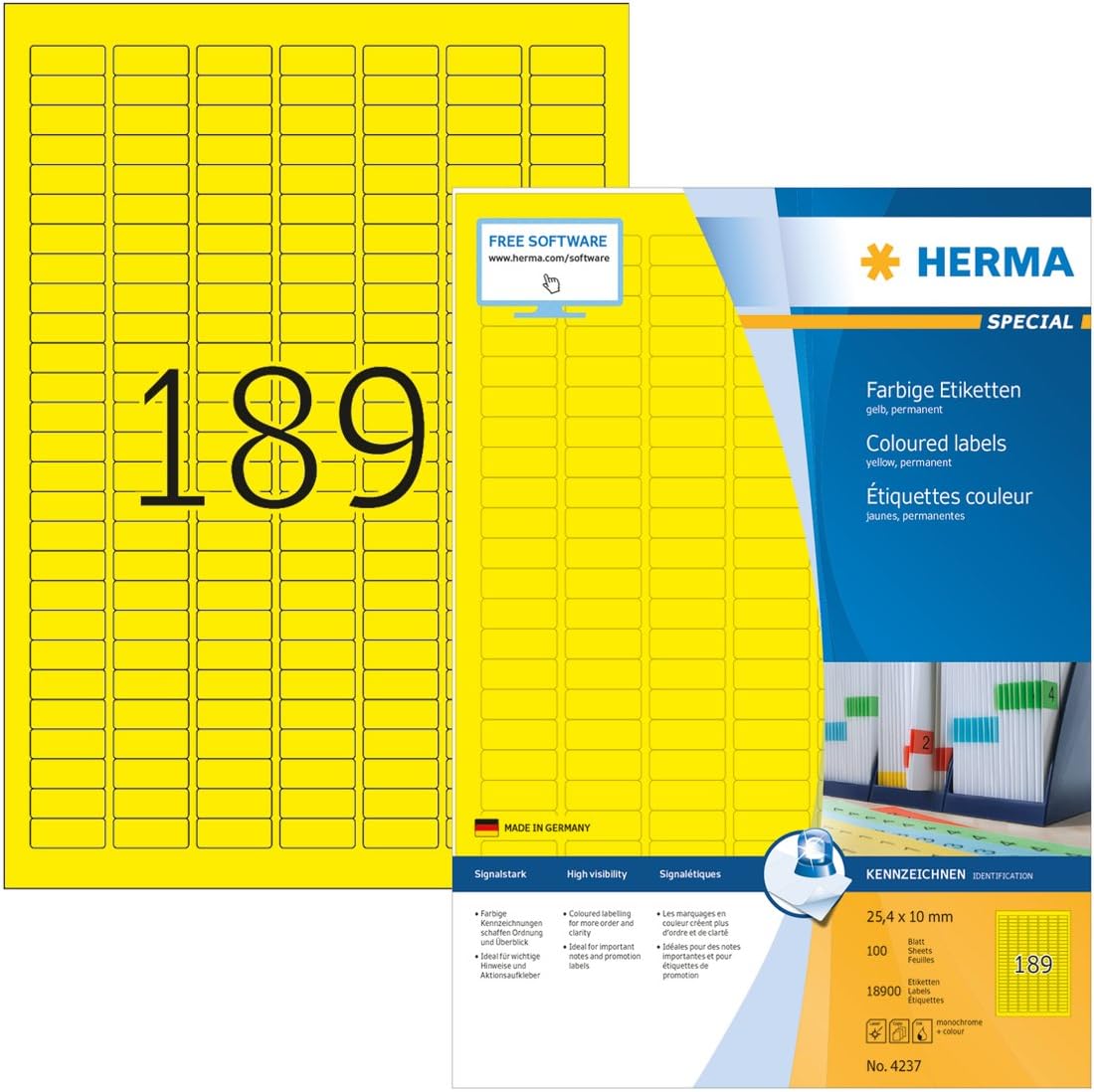 HERMA Self Adhesive Coloured Labels, 189 Labels Per A4 Sheet, 18900